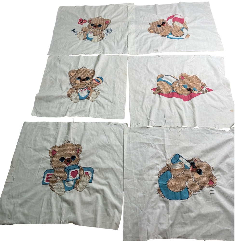 Vintage Teddy Bear Embroidery Quilt Squares Set of 6 Muslin Nursery DIY 14x16